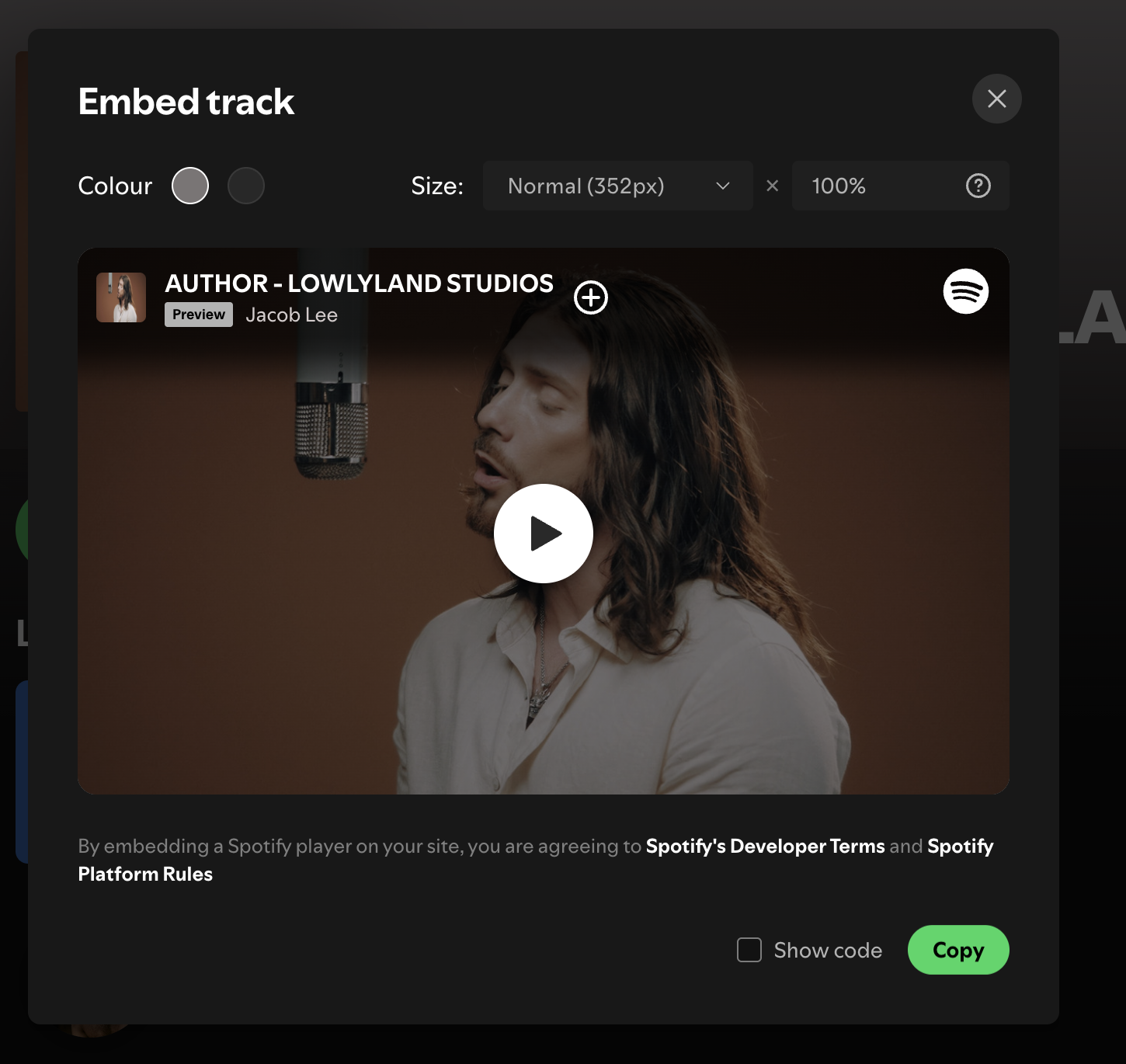 The Embed track dialog displaying a music video preview and its customization options.