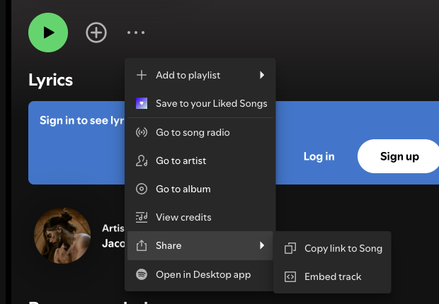 The More options menu for a track, with Share expanded to show Copy link to Song and Embed track.